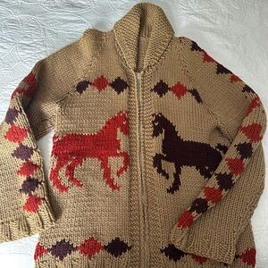 VINTAGE Handmade Cowichan Horse Knit Cardigan Sweater M/L